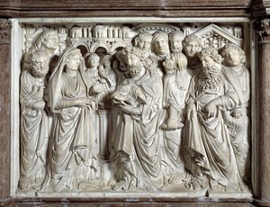 Uvedení Ježíše do chrámu (Uvedení Ježíše do chrámu) Židle realizovaná Nicolou Pisano (1215/20-1278/84) (Mramorová kazatelna) 1260 Baptistere Saint John of Pisa (Battistero san Giovanni di Pisa), Itálie
