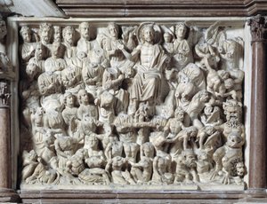 Poslední soud (Poslední soud) Židle od Nicola Pisano (1215/20-1278/84) (Mramorová kazatelna) 1260 Baptistere Saint John of Pisa (Battistero san Giovanni di Pisa), Itálie