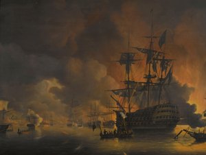 Požár na přístavišti Alžír, krátce po zahájení bombardování Anglo-nizozemskou flotilou, 27. srpna 1816 Čtyři epizody během přítomnosti Anglo-nizozemské flotily v Alžírském zálivu, 26. až 27. srpna 1816 (název série)