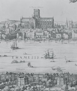 Panorama Londýna a Temže, detail z druhé části zobrazující katedrálu St. Pauls a divadlo Globe, cca 1600 detail rytiny 7214