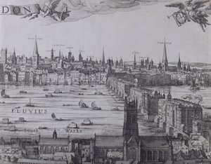 Panorama Londýna a Temže, třetí část zobrazující Southwark, London Bridge a kostely ve městě, kolem roku 1600 (viz také 7214, 64730 a 64732)
