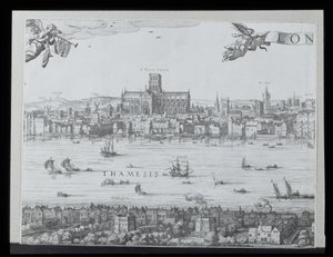 Panorama Londýna a Temže, druhá část ukazuje katedrálu sv. Pavla a divadlo Globe, c. 1600 (viz také 64730-32) (podrobnosti viz 92085)