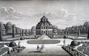 Pohled na dům a zahradu Frydenlund od Nicolaes Jansz Visscher
