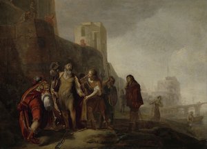 Legáti Alexandra Velikého Vložili zahradníka Abdalonyma insigniemi královského království Sidonu, 1649 od Nicolaes Knüpfer