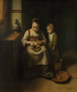 Žena škrábající pastinák, s dítětem stojícím u ní, 1655 od Nicolaes Maes