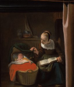 Mladá žena u kolébky od Nicolaes Maes