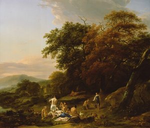 Lovkyně Diana Překvapující a Bacchanalian Revel od Nicolaes Pietersz. Berchem