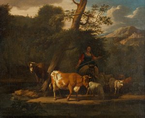 Pastýřka s kravami pod stromem od Nicolaes Pietersz. Berchem