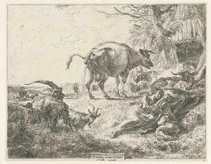 Spící pastýřská rodina a odpočívající hospodářská zvířata od Nicolaes Pietersz Berchem