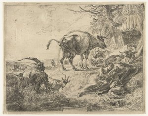 Spící pastýřská rodina a odpočívající hospodářská zvířata od Nicolaes Pietersz Berchem