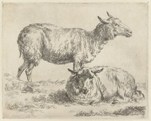 Staand en liggend schaap Schapen (název série) Zvířata oživená a vytištěná vodou pro silný vzduch od Studio and Art of Nicolai Berchem (název série) od Nicolaes Pietersz Berchem