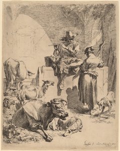 Pastýř sedící na fontáně a Přadlena od Nicolaes Pietersz Berchem