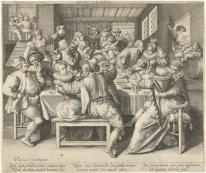 Een huis vol feestrumoer Dům radosti (název na objektu) od Nicolaes de Bruyn