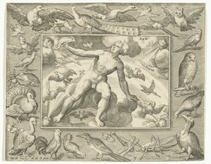 Prvek vzduchu jako mladý muž na oblacích mezi létajícími ptáky Aer (název na objektu) The Four Elements (název série) od Nicolaes de Bruyn