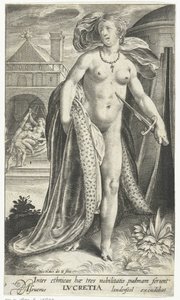 Lucretia potkala dolk tegen haar borst Mezi etnickými skupinami tyto tři nesou palmu šlechty, Lucretia (titul na předmětu) od Nicolaes de Bruyn