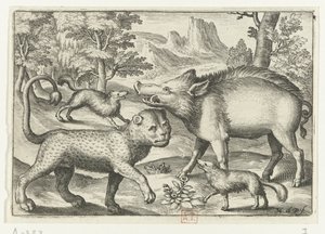 Leopard, divočák a dva psi Animalivm qvadrvpedvm (název série) Zvířata v krajině (název série) od Nicolaes de Bruyn