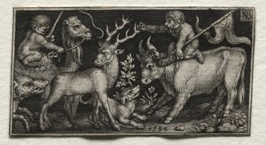 Opice na velbloudovi a býkovi, 1594.