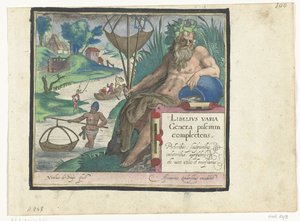 Titulní tisk s titulem a říčním bohem s trojzubcem a rybářskou sítí v krajině s rybáři Libelivs různé Genera piscium complectens (název série) Sladkovodní ryby, mořské ryby, žáby, korýši a mořští tvorové (název série) od Nicolaes de Bruyn