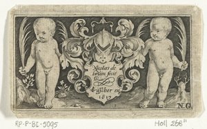 Titulní tisk se dvěma dětmi s palmovým listem vedle erbu Frísové s dětmi, anděly a zvířaty (název série) od Nicolaes de Bruyn