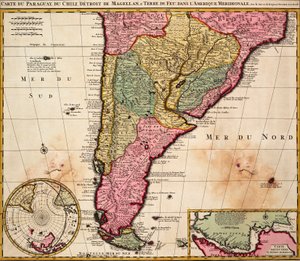Mapa Paraguaye, Chile, Magellanova průlivu a Ohňové země v Jižní Americe, asi 1720 (kolorovaná rytina) od Nicolaes the Younger Visscher