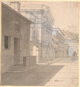 Perspektivní studie architektury na obrazu porodní báby odcházející z Androspigenova domu od Nicolai Abildgaard