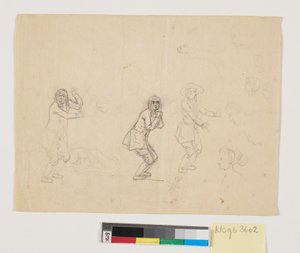 Studie hlav a postav, mj. třikrát vykreslená mužská postava od Nicolai Abildgaard