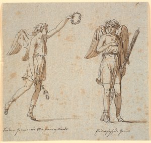 Dva géniové, jeden s olivovou ratolestí, druhý s fasces od Nicolai Abildgaard