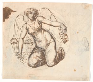 Okřídlená ženská postava v kruhovém poli. T.h. studium levé nohy postavy od Nicolai Abildgaard