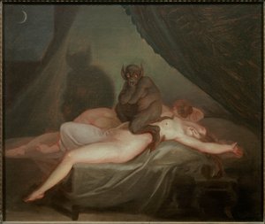Noční můra. Ďábel sedící na těle nahé ženy spící uprostřed noci. Obraz Nicolase Abrahama Abildgaarda (1743-1809) EC.Dan.