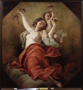 Bacchante (Bacchante). Žena s odhalenou hrudí drží hrozny s andělem nesoucím šálek červeného vína. Obraz Nicolaje Apollonoviče Malkova (1794-1873), olej na plátně