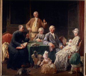 ""Portrét rodiny Leroyů"" Rodinná scéna sdružující kněze, matku s dětmi. Obraz Nicolase Bernarda (1735-1784) 1766-1767 Rozměr 136x147 cm Puškinovo muzeum, Moskva