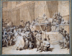 Francouzská revoluce: Národní konvent nařizuje zrušení otroctví v koloniích dne 4. 2. 1794 (16 Pluviose An II) v Paříži. Kresba tuší od Nicolase Andre Monsiau (1754-1837) Sun. 0,26x0,33 m Paříž, Musee Carnavalet
