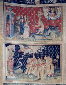 Vising of Revelation (1373-1383), n. 42: Adoration of the Bete (?). N. 49: pád Babylonu. Tapiserie od Nicolase Bataille (1330-1405) od Nicolas Bataille