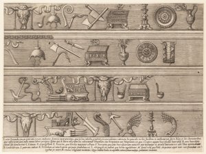 Zrcadlo římské velkoleposti: obětní nástroje založené na starověkém reliéfu Sc..., ca. 1550-75. od Nicolas Beatrizet.