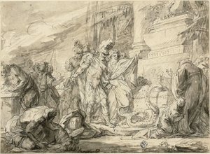 Aeneas u hrobky Anchises (vpravo); Aeneas u Tome of Anchises (verš)