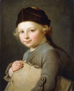 Portrét mladého chlapce, polodlouhého, v šedém kabátě a čepici,