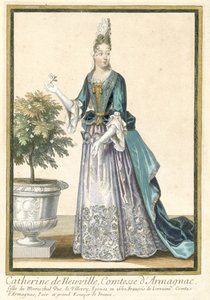 Francouzské tisky propagující francouzskou módu: Portrét Catherine de Neuville, hraběnky z Armagnac Catherine de Neuville, hraběnka z Armagnac, oblečená podle francouzské módy ca. 1685 od Nicolas Bonnart (fils)