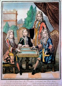 Vnuci Ludvíka XIV. (1638-1715), Ludvíka vévody Burgundského († 1712), Filipa, vévody z Anjou (1683-1746), a Charlese, vévody z Berry s jejich otcem Ludvíkem († 1711), delfínem Francie, hrající tric trac (Trictrac nebo Trictrac: předchůdce backga