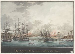 Pohled na baterie pro Palembang po vítězství odpoledne - 12 hodin. dne 24. července 1821 (název na objektu) od Nicolas Cammillieri