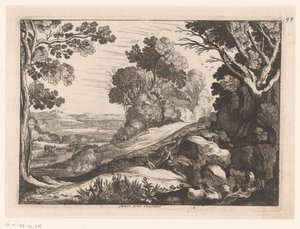 Kopcovitá krajina se dvěma pastevci koz Idealizované krajiny (název série) od Nicolas Cochin (attributed to)