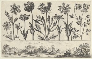 Horizontální panel s řadou květin nad vlysem s postavami v krajině, z Li..., 1645.