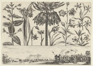Horizontální panel s řadou květin nad vlysem s bitevní scénou v krajině, ..., 1645.