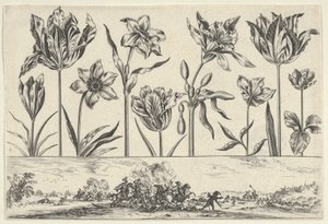 Horizontální panel s řadou květin nad vlysem s bitevní scénou v krajině, ..., 1645. od Nicolas Cochin