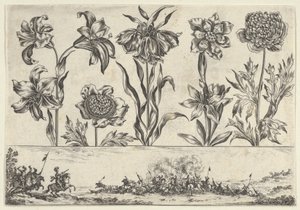 Horizontální panel s řadou květin nad vlysem s bitevní scénou v krajině, ..., 1645. od Nicolas Cochin