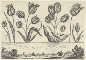 Horizontální panel s řadou květin nad vlysem s loveckou scénou v krajině,..., 1645. od Nicolas Cochin