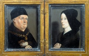 Diptych Matheron: portréty Reného, vévody z Anjou, hraběte z Provence, krále sicilského a jeruzalémského (1409-1480) a jeho manželky Jeanne de Laval. Obraz Nicolase Fromenta (asi 1425-1483/1486) Ne. 0,17x0,13m
