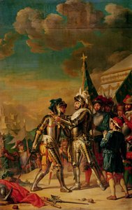 Henri II (1519-59) Předání řetězu Řádu Saint-Michel Gaspardovi de Saulx (1509-73) hraběti z Tavannes, po bitvě u Renty, 13. srpna 1554, 1789