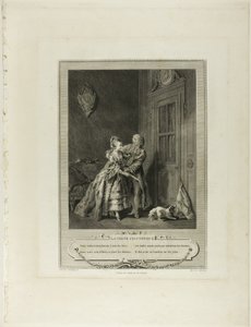 Neočekávané volání, z knihy Monument du Costume Physique et Moral de la fin du Dix-huitième siècle od Nicolas Joseph Voyez
