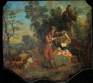 Pastýřská indiskrétní bukolická scéna zobrazující mladého pastýře, jak zvedá závoj, pod kterým spí mladý pastýř. Obraz Nicolase Lancreta (1690-1743). Slunce 18. století. 0,84 x 0,95 m. Prohlídky, Muzeum výtvarných umění od Nicolas Lancret