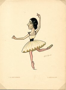 Portrét Tamary Karsavinové (1885-1978) Ruská balerína - Litografie Nikolaje Gustavoviče Legata (1869-1937), extrahovaná z Ballet russe en caricatures